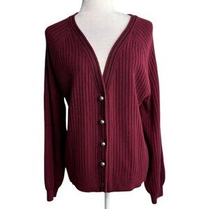 TALBOTS Burgundy Ball Button Front Ribbed Boxy Cardigan Sweater Women's Size L